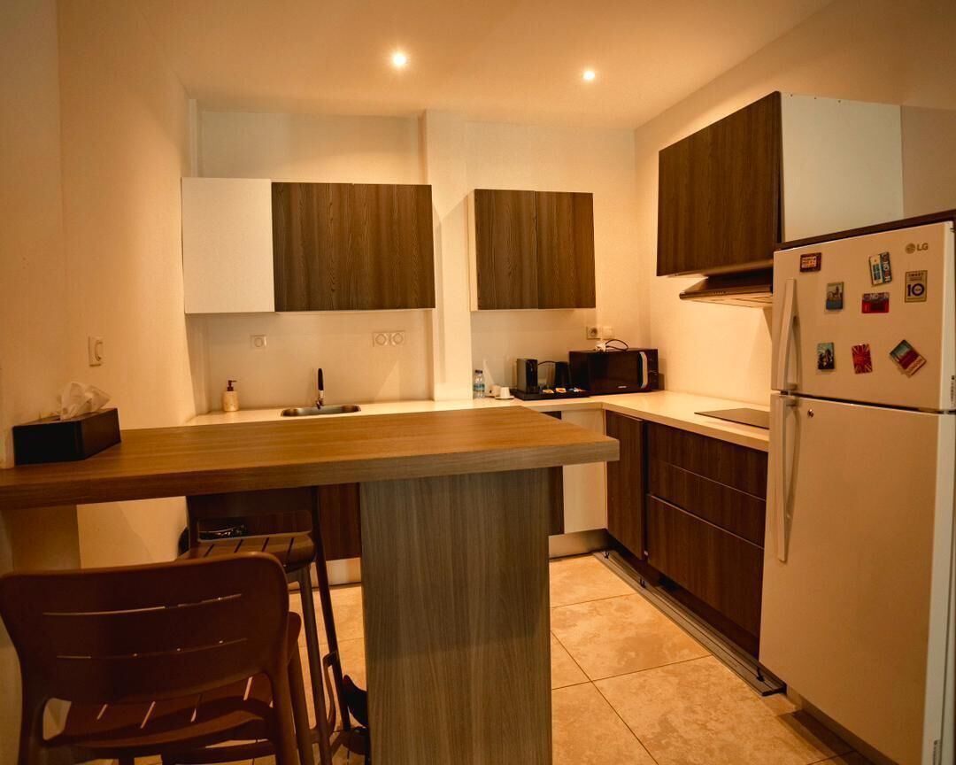 A compact kitchen with wooden cabinets, a built-in microwave, and a refrigerator with magnets.