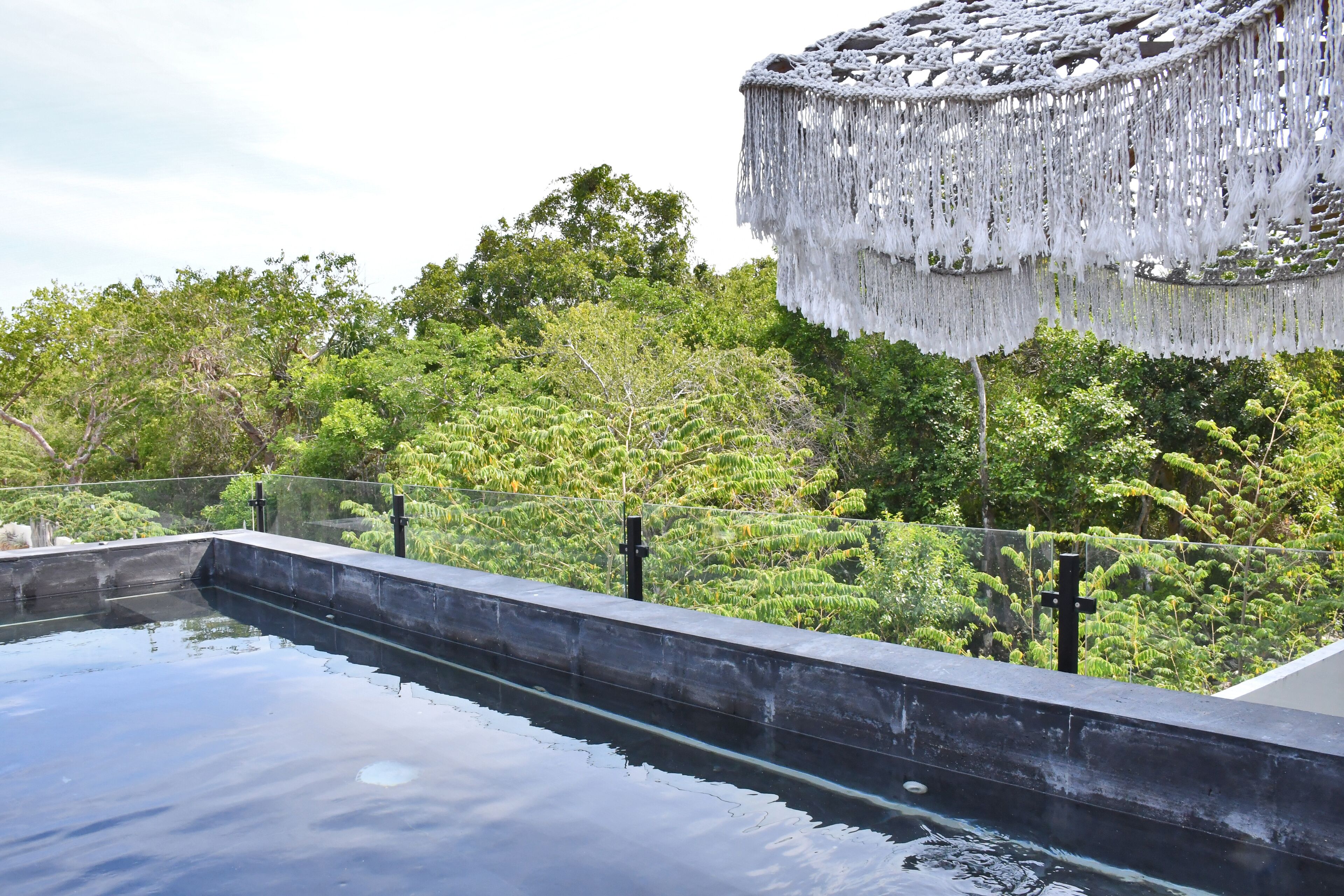 A rooftop pool with a hanging structure, surrounded by lush greenery.