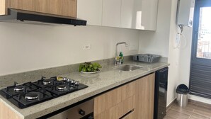 Una cocina moderna con estufa a gas, un lavamanos y armarios de madera.