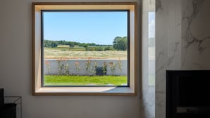 Ein Fenster mit Blick auf ein grünes Feld und Bäume.