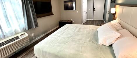 Quarto de hotel com uma cama grande, televisão de tela plana na parede, aquecedor e porta que dá para outro cômodo.