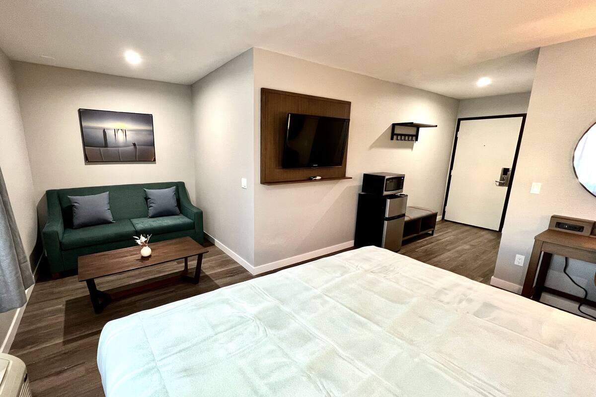 Quarto de hotel com uma cama, um sofá verde, uma mesa de centro, uma TV, micro-ondas e uma pequena escrivaninha.