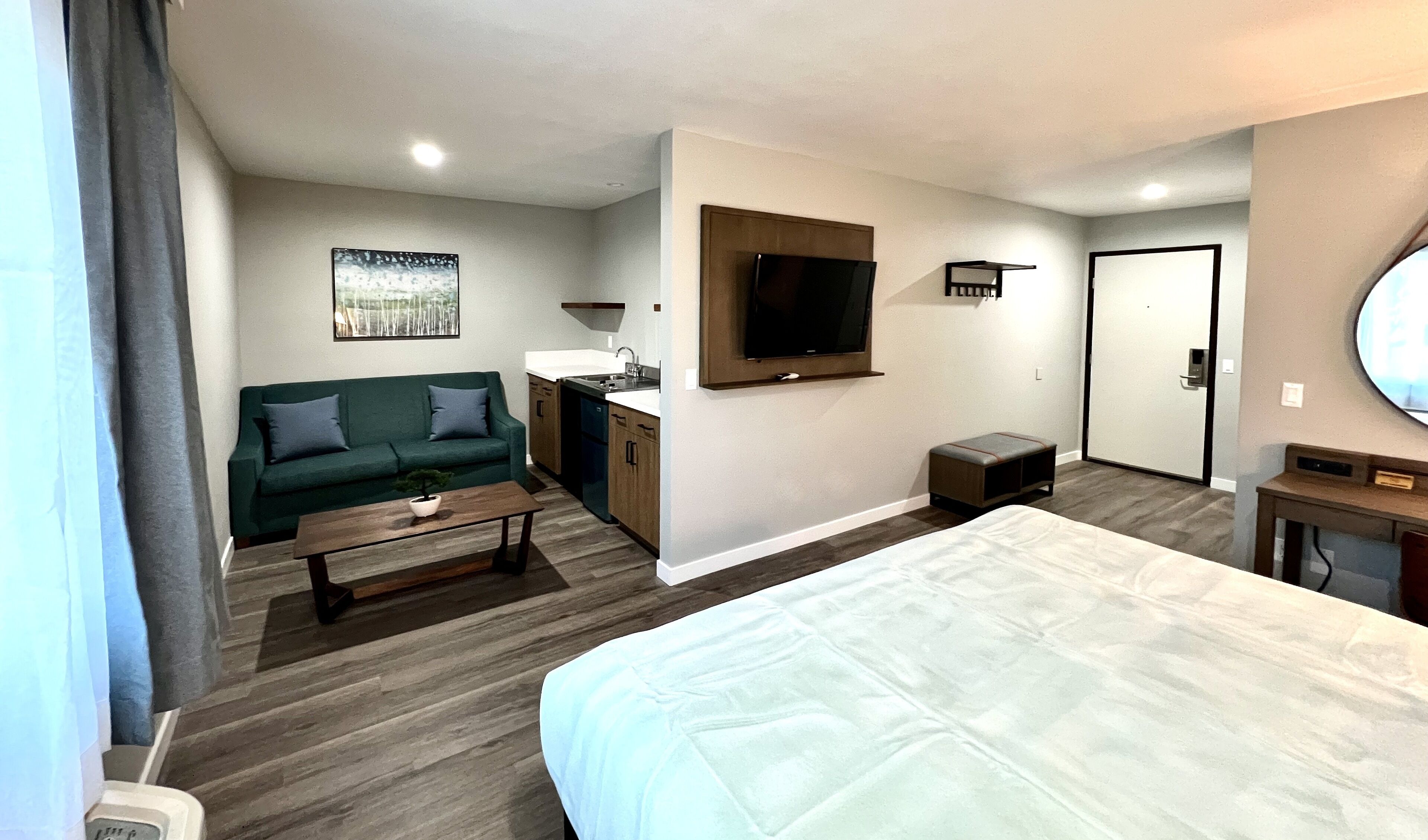 Quarto de hotel com uma cama, um sofá verde, uma mesinha com uma planta, uma TV fixada na parede e uma porta.