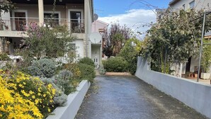 Un patio con un camino empedrado, rodeado de diversas plantas y flores.