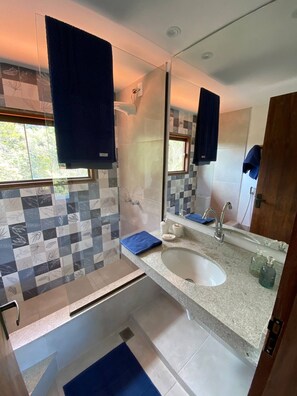 Hair dryer, towels, soap, shampoo