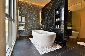 Hair dryer, towels, soap, shampoo
