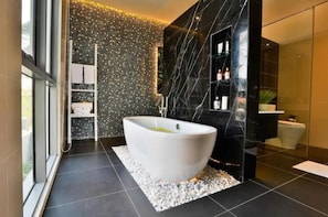 Hair dryer, towels, soap, shampoo