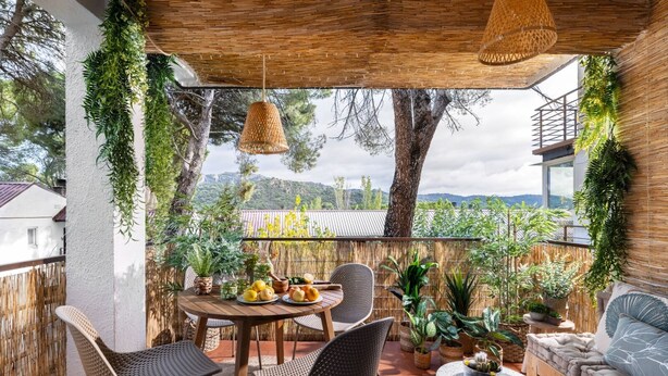 Una terrazza con mobili in vimini, un tavolo con frutta e piante in vaso.