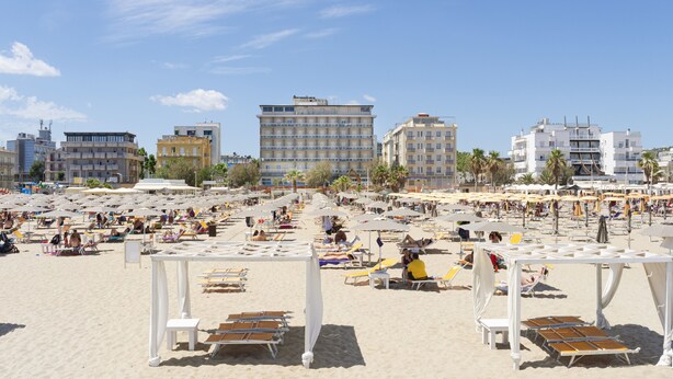 A beach with rows of sun loungers and umbrellas, a large hotel building, and palm trees. - Hotel Centrale Miramare (Rimini)