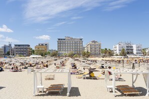 Uma praia com fileiras de espreguiçadeiras e guarda-sóis, um grande edifício de hotel e palmeiras.