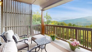 Un balcon avec vue sur les montagnes, un coin salon confortable avec des coussins et une plante en pot ornée de fleurs.