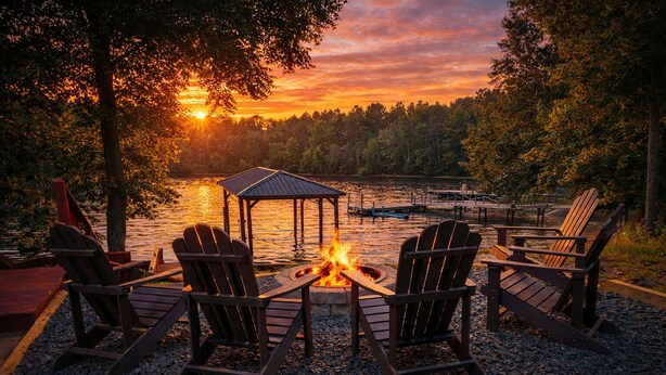Et siddeområde ved søen med Adirondack-stole omkring et bålsted, en pavillon og en dock i baggrunden.