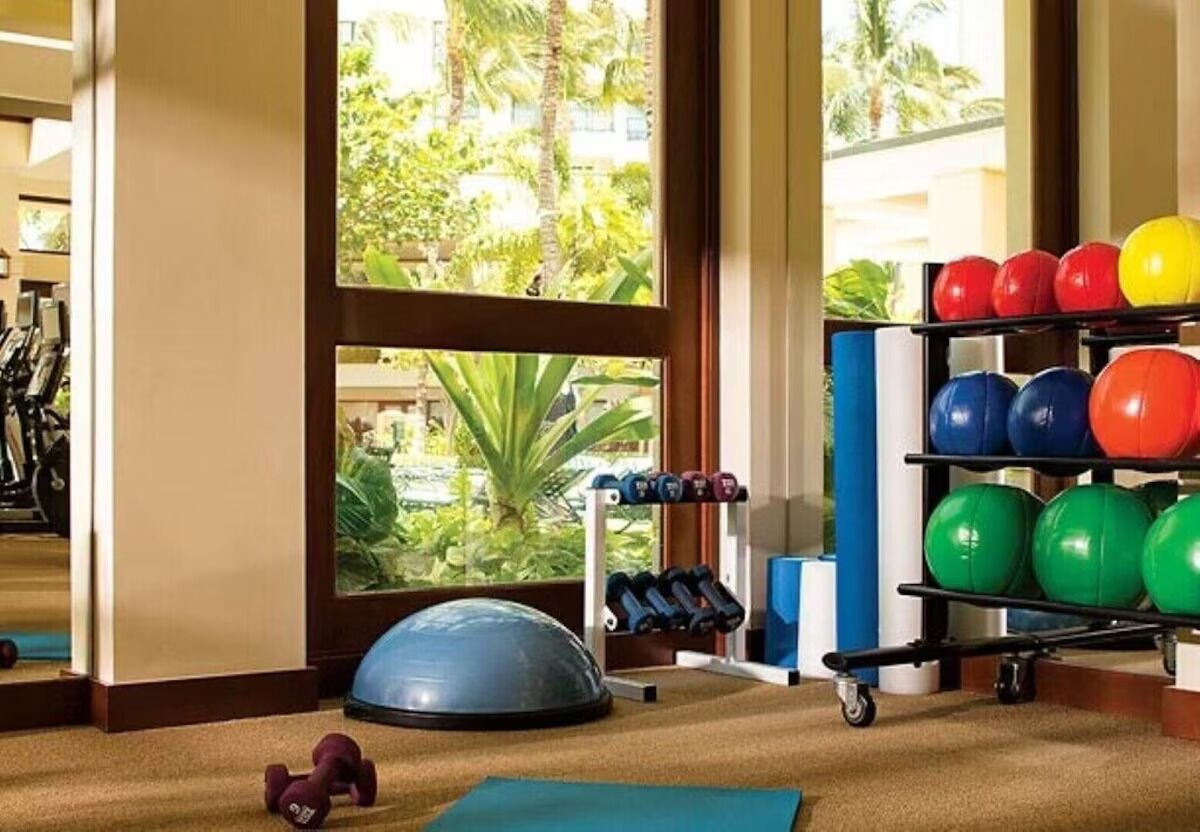 Ein Fitnessraum mit Trainingsgeräten, einem großen Fenster mit Blick auf Grünflächen und einem Gestell mit bunten Trainingsbällen.