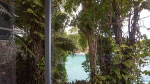 A tropical setting with a clear view of a turquoise pool surrounded by dense foliage and trees. - One Bedroom Sea View Villa, Frenchman's Cove Resort (Drapers)