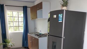 Una cocina moderna con un refrigerador de acero inoxidable, armarios de madera, una estufa a gas y una ventana con cortinas azules.