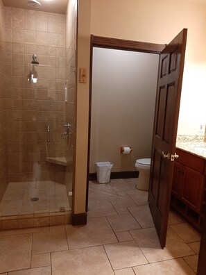 Jetted bath, hair dryer, towels, soap