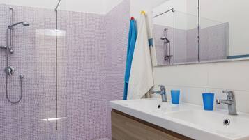 Shower, hair dryer, bidet, towels