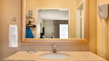 Rainfall showerhead, towels, soap, shampoo