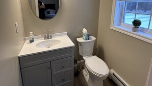 A bathroom with a white sink, a mirror, a toilet, and a window with blinds. - Minutes away from Presque Isle. 
On the ATV trail access and SNOWMOBILE Trail (Chapman)