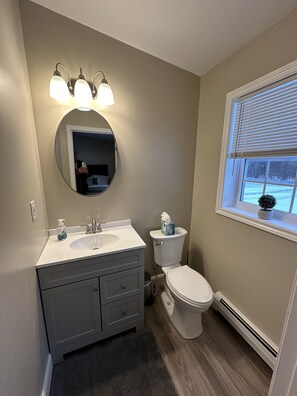 Hair dryer, towels, soap, shampoo