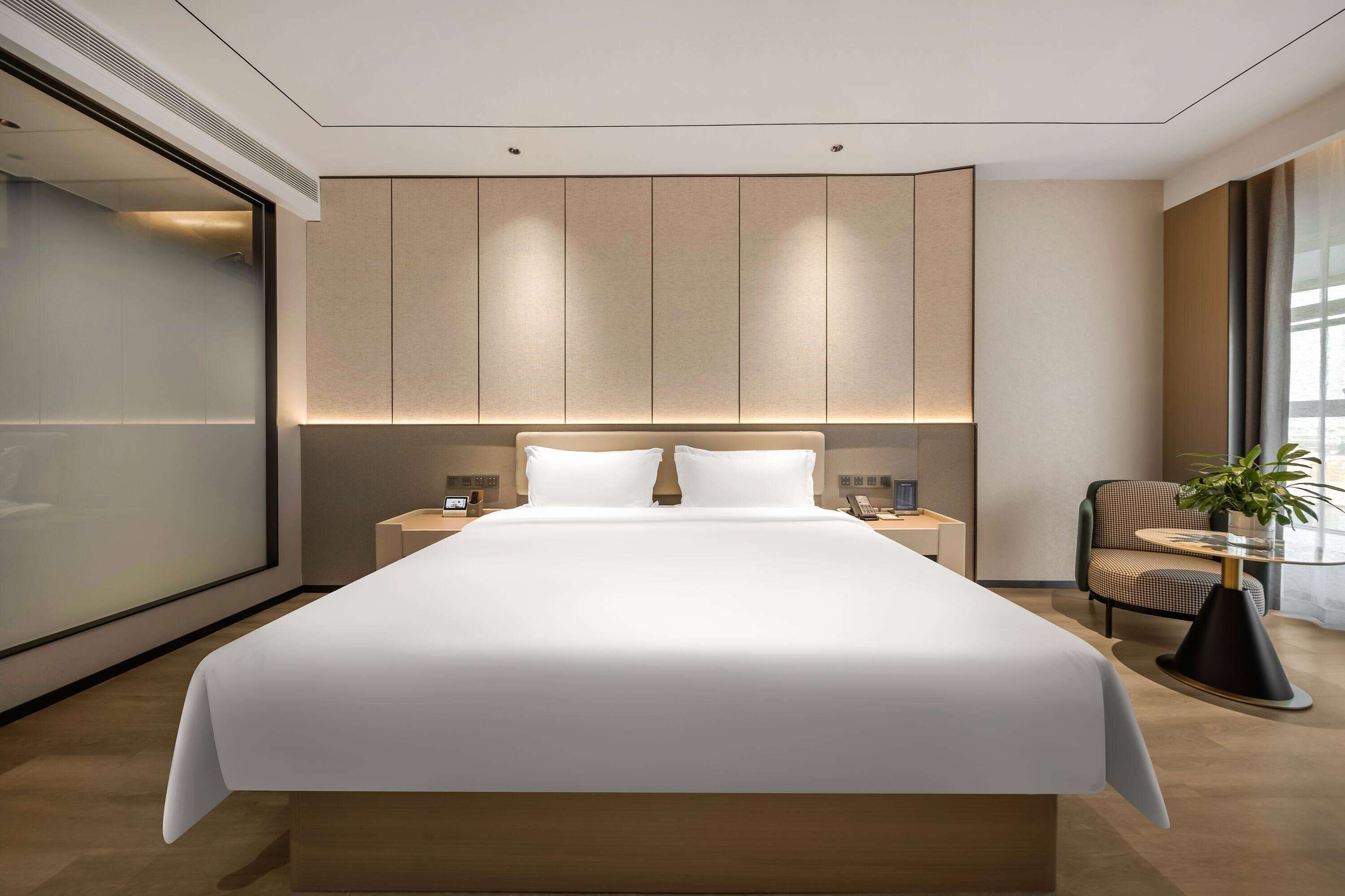 Una habitación de hotel moderna con una cama grande, mesitas de noche, una silla y una planta en maceta.