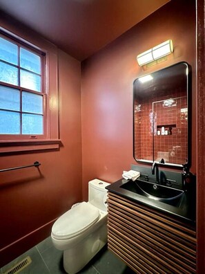 Une salle de bain avec des toilettes, un lavabo et un miroir.