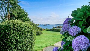 A garden pathway leading to a grassy area with a view of the sea and a lighthouse.