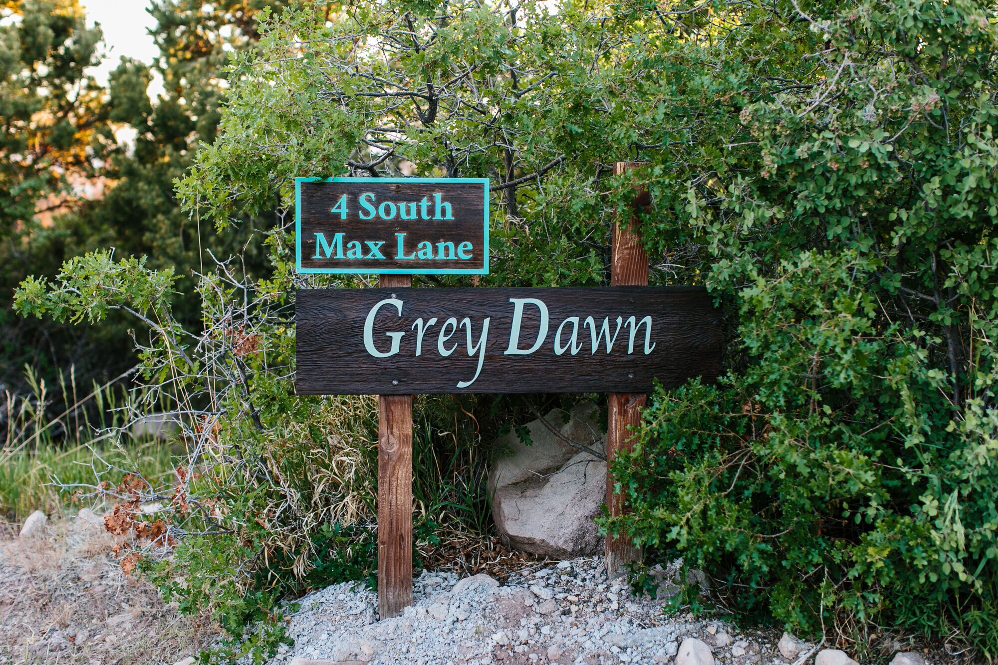 A wooden street sign with '4 South Max Lane' and 'Grey Dawn' written on it.