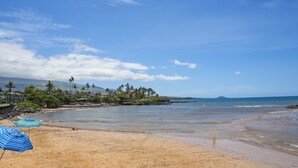 Una playa con cielo despejado, palmeras y costa rocosa.