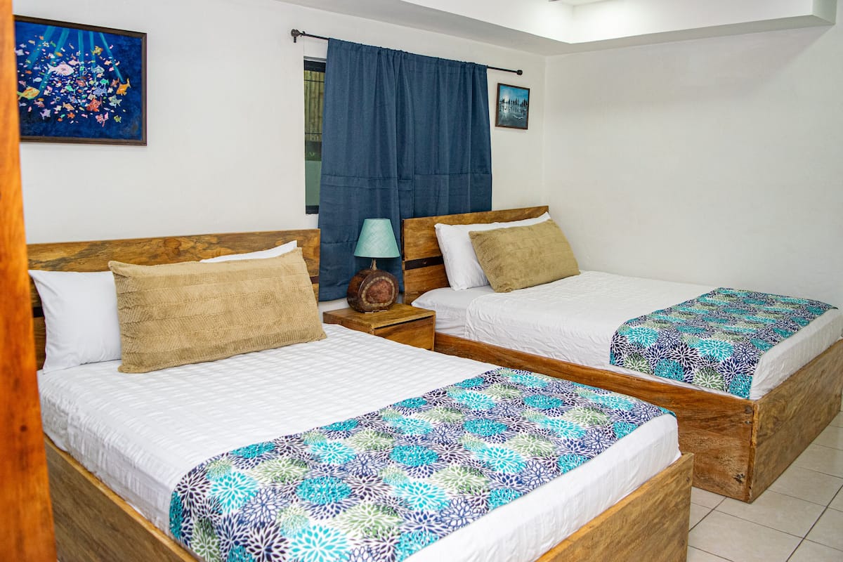 A room with two wooden beds, white bedding, a blue curtain, a small table with a lamp, and a framed picture on the wall.