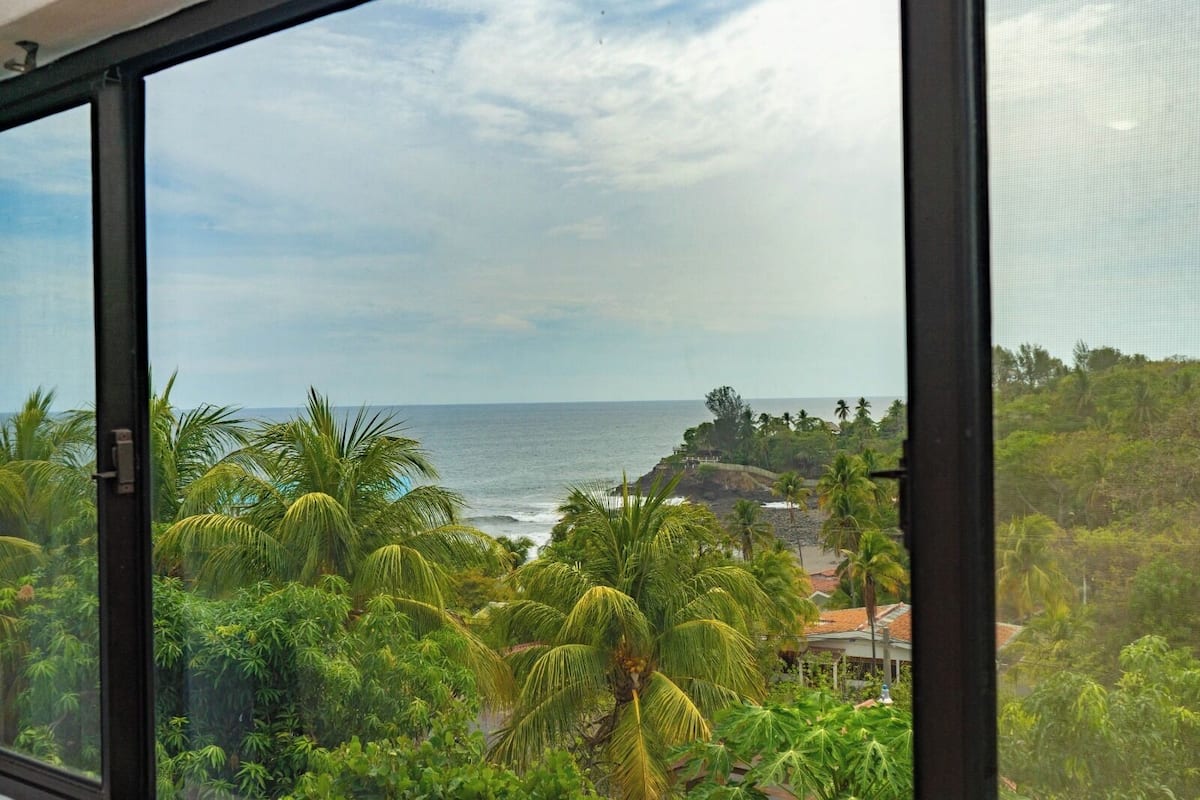 A view through a window of a tropical beach with palm trees and a clear sky.