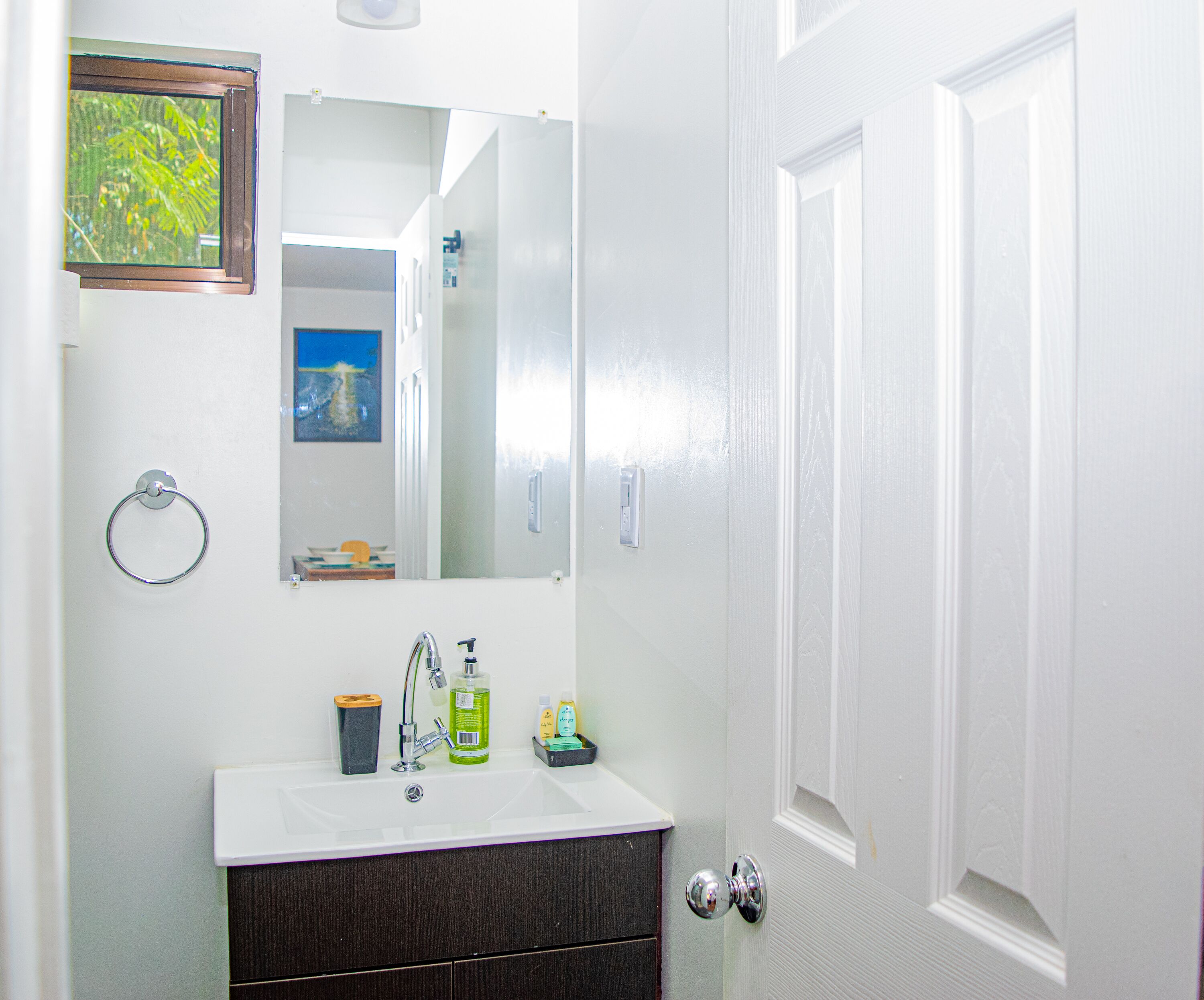 Un bagno con lavandino bianco, mobile contenitore in legno scuro, uno specchio e una porta.