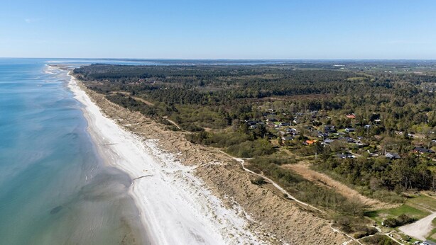 An aerial view of a coastal area with a beach, forested land, and scattered residential buildings.