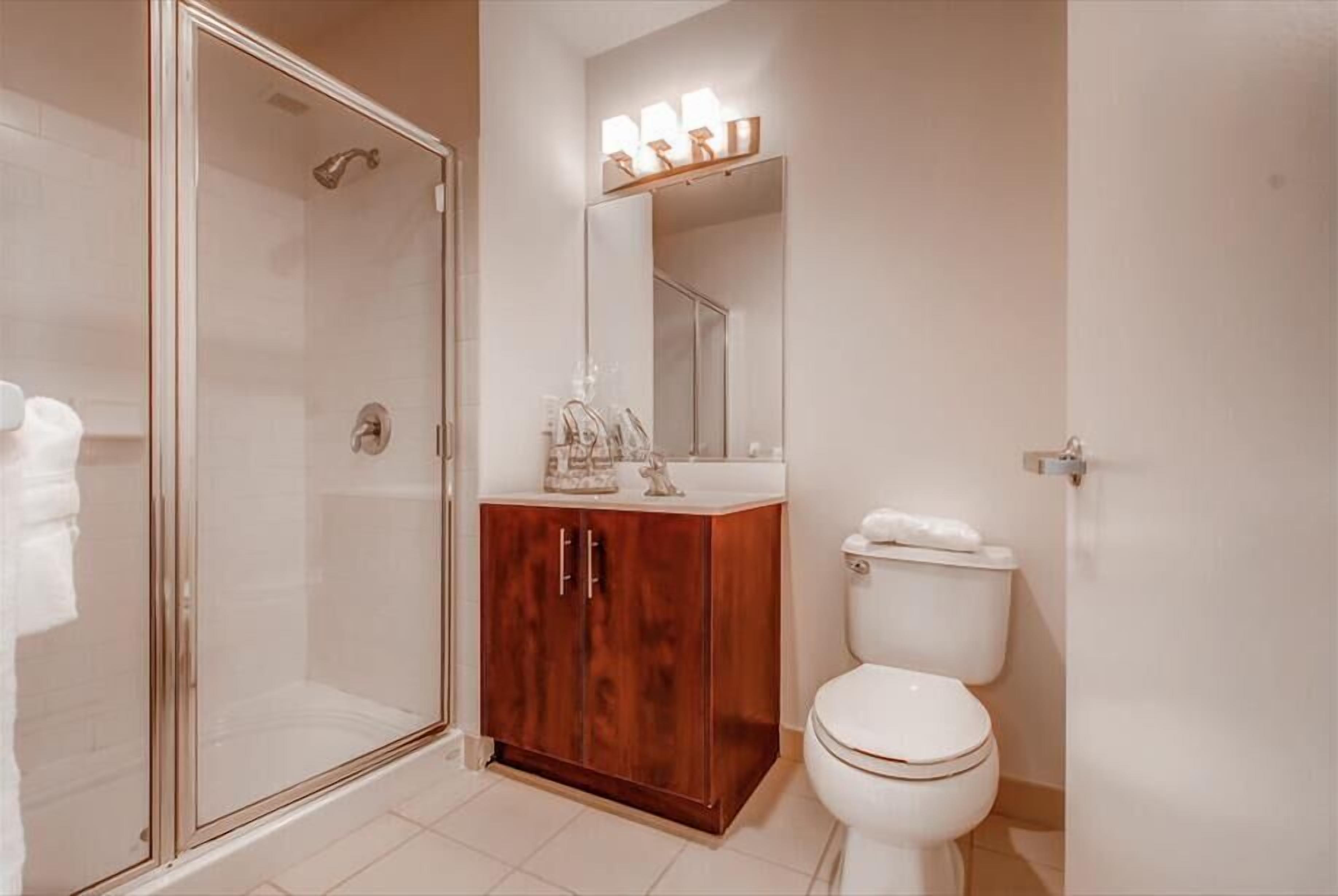 Une salle de bain avec une douche à parois de verre, un meuble-lavabo en bois avec un miroir et des toilettes blanches.
