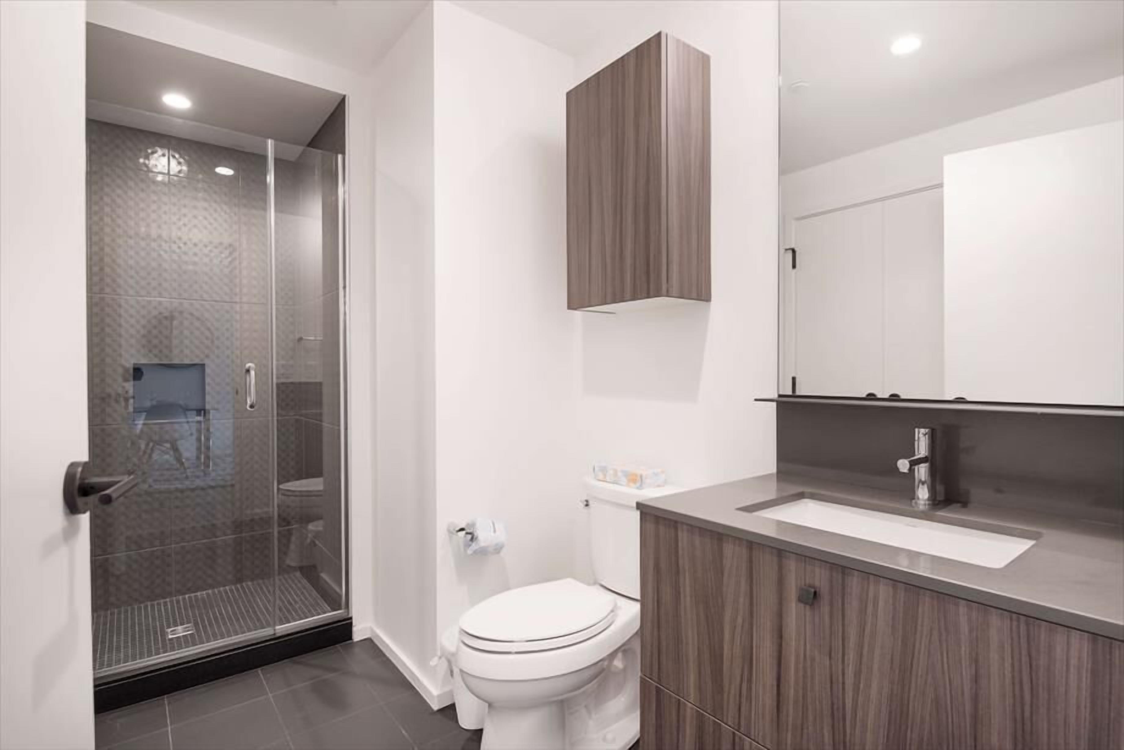 A modern bathroom with a glass shower enclosure, a toilet, and a vanity with a mirror.