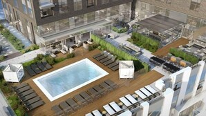 Un área de piscina en la azotea con sillas de descanso y una piscina, rodeada de vegetación y edificios modernos.
