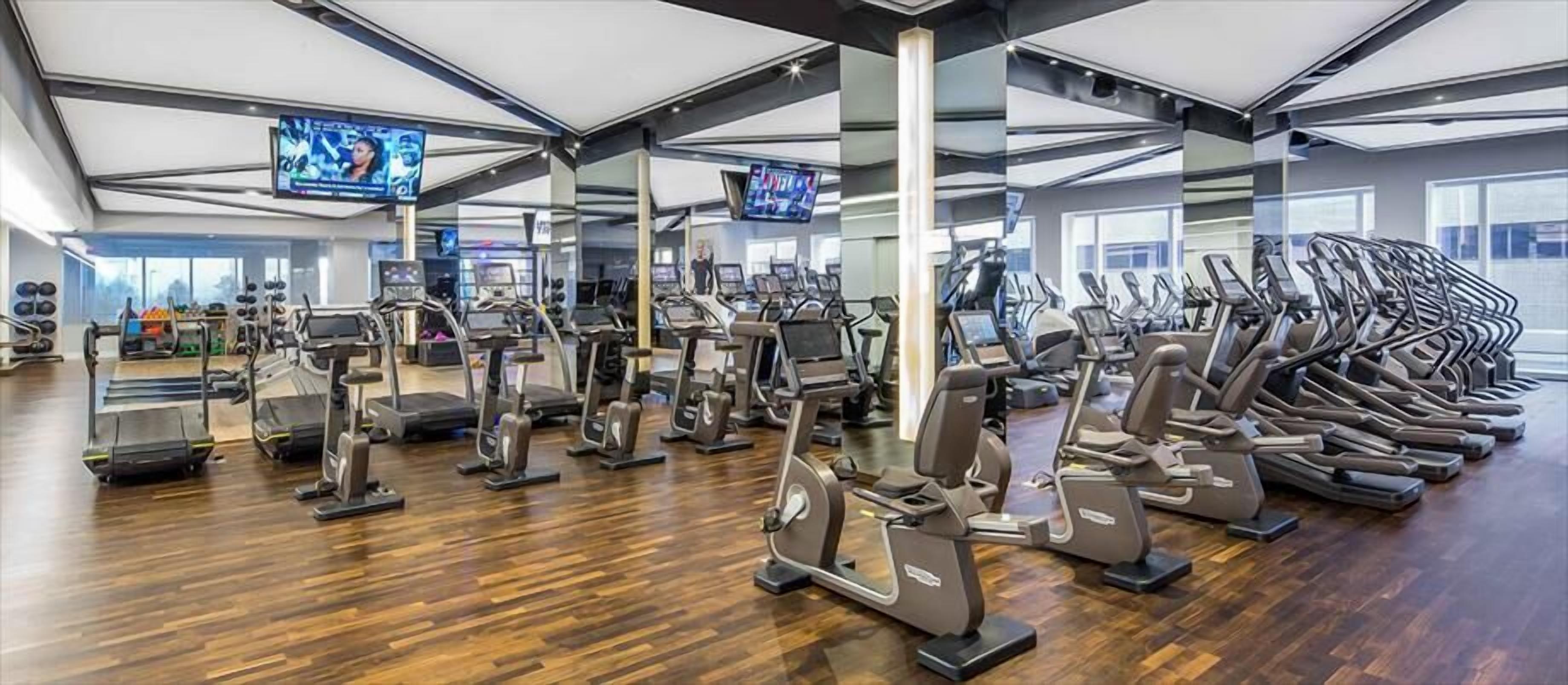 Ein Fitnessraum mit mehreren Laufbändern, Ergometer und Crosstrainern, die in Reihen angeordnet sind.