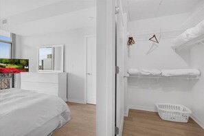 1 bedroom, desk, iron/ironing board, travel cot