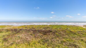 Een kustlandschap met een grasveld op de voorgrond en een strand in de verte.