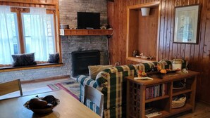 Ein gemütliches Wohnzimmer mit Kamin, Holzwänden, Fernseher und einer Couch.