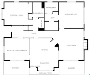 A floor plan with a king-sized bedroom, a shared bathroom, a king-sized bedroom, a living room, a kitchen, a dining area, a sun deck, and a screened porch.