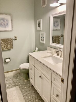 Hair dryer, towels, soap, shampoo