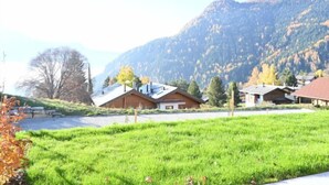Un pueblo rural con casas de madera tradicionales, un campo verde y montañas al fondo.