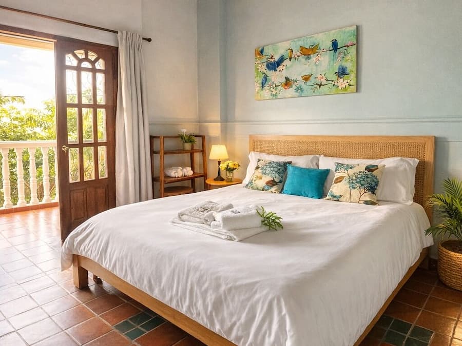 Une chambre avec un grand lit, un plafond en bois, un balcon avec une porte et un tableau au mur.