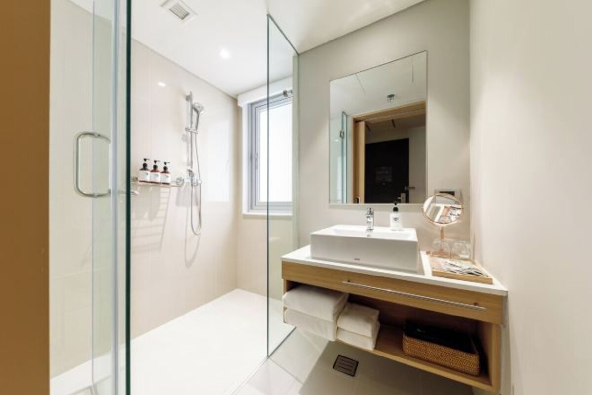 A modern bathroom with a glass shower enclosure, a large mirror, and a white sink.