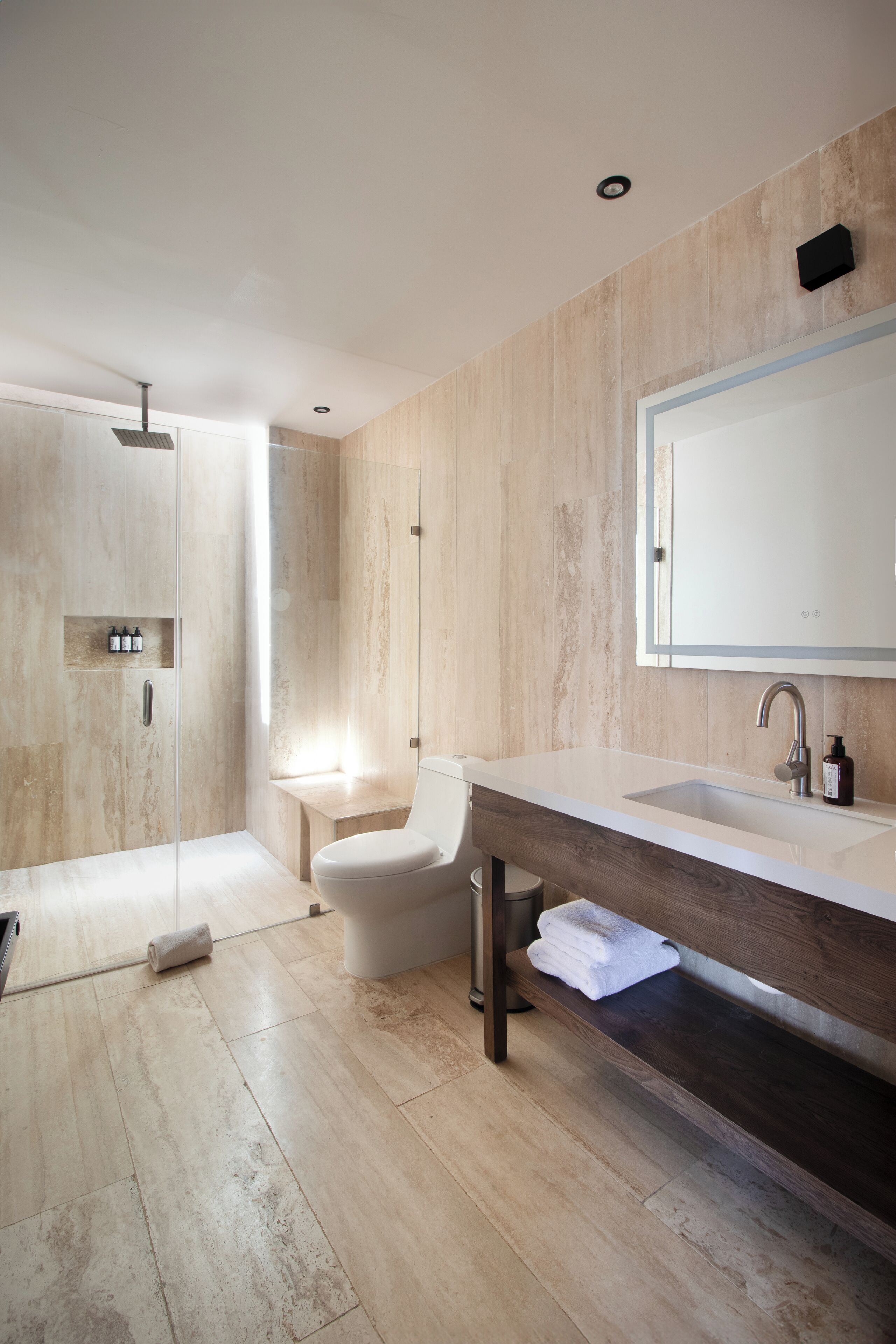 A modern bathroom with a glass shower enclosure, a toilet, a vanity with a sink, and a mirror.