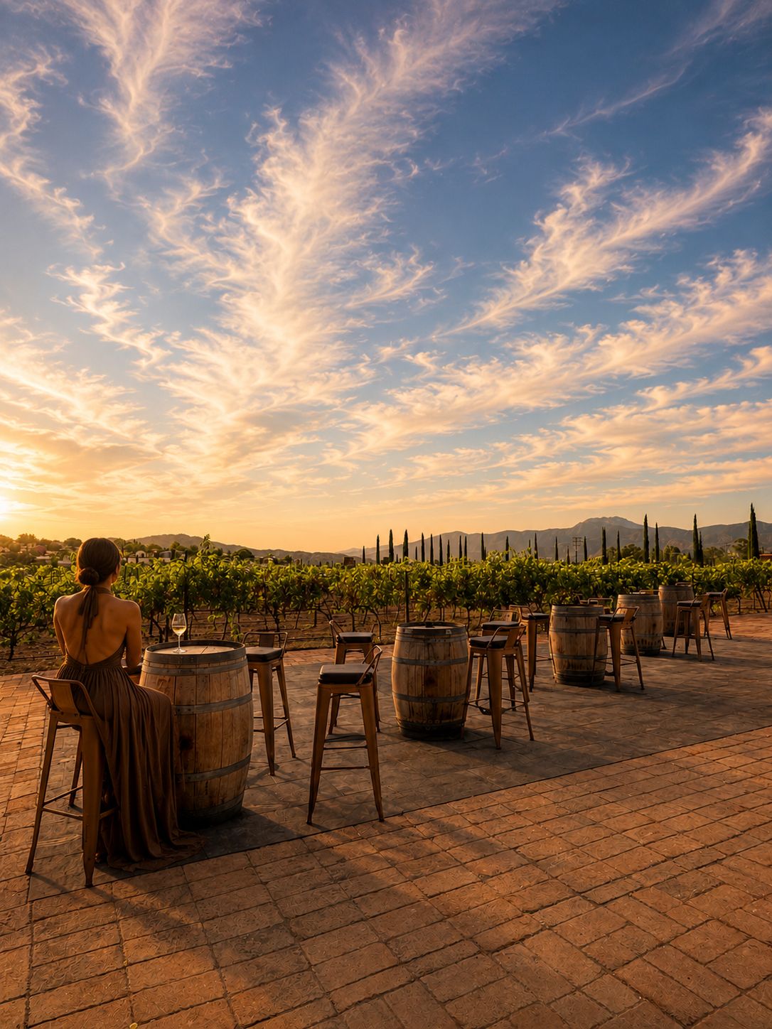 A woman seated at a table with a wine glass, overlooking a vineyard with rows of grapevines and a clear sky.