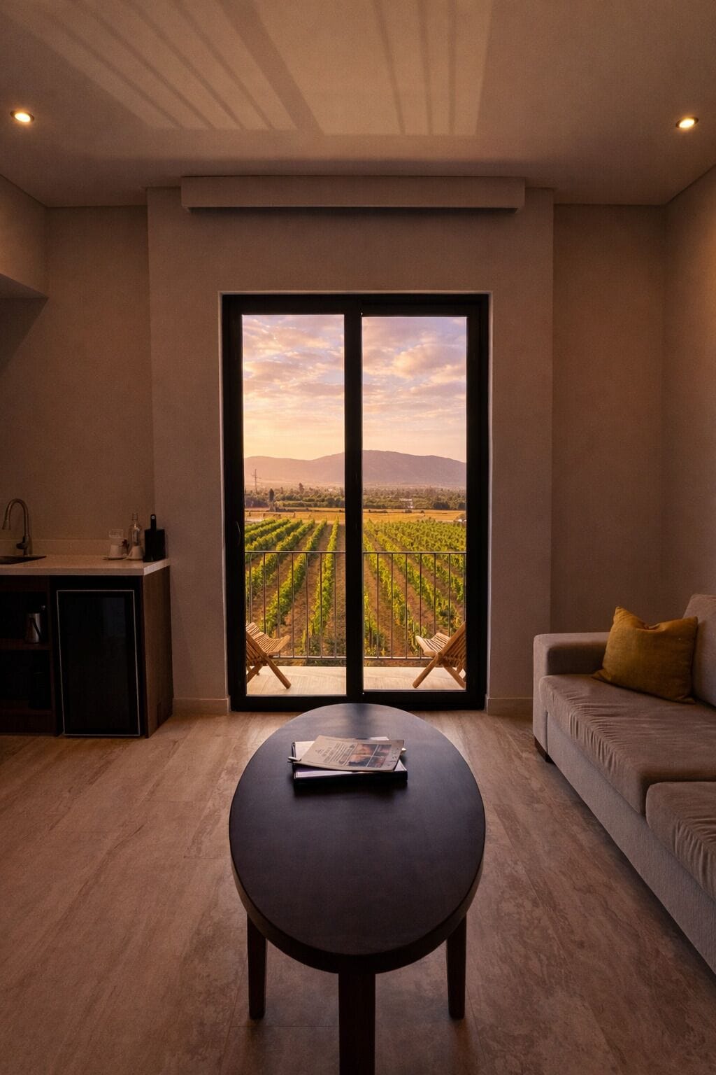 A modern living room with a large sliding glass door leading to a vineyard view.