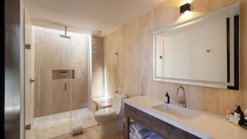 A modern bathroom with a glass-enclosed shower, a toilet, and a vanity with a large mirror.