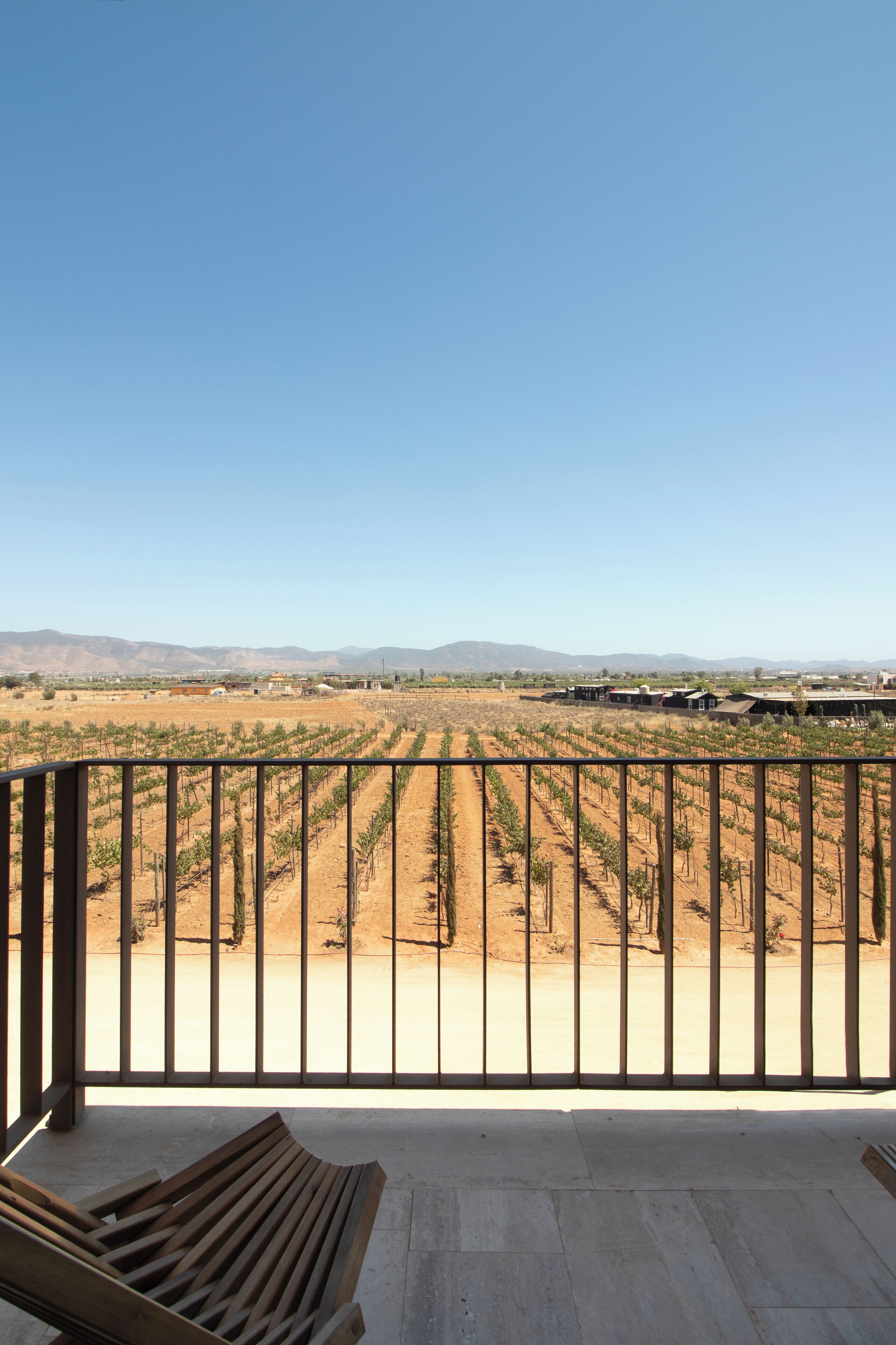 A balcony with a view of a vineyard and distant mountains.